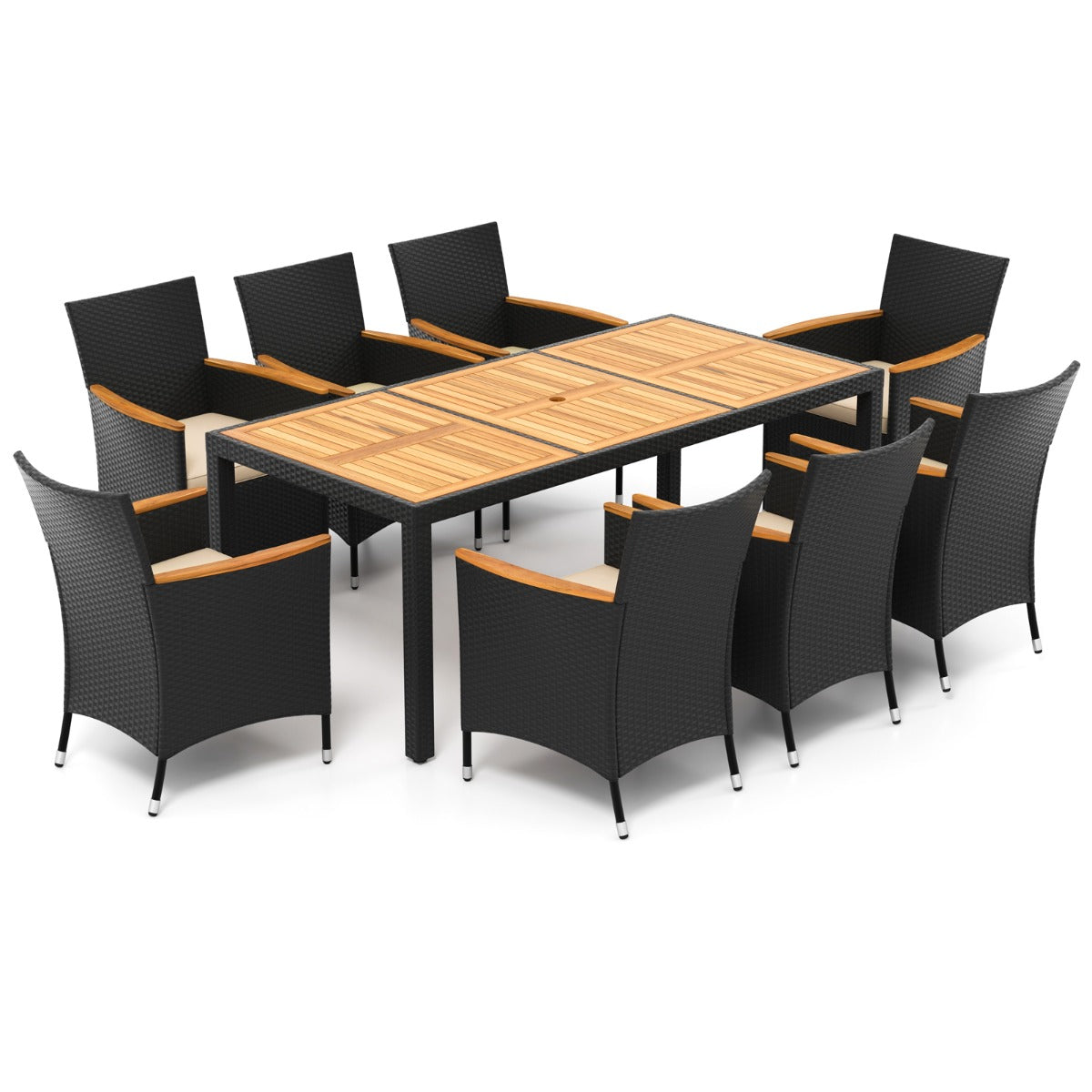 LIVSK Patio Eetset - Hoogwaardig Acaciahout - Luxe Rotan Stoelen - Weerbestendige Kussens - Voor 8 Personen - Bruin & Naturel
