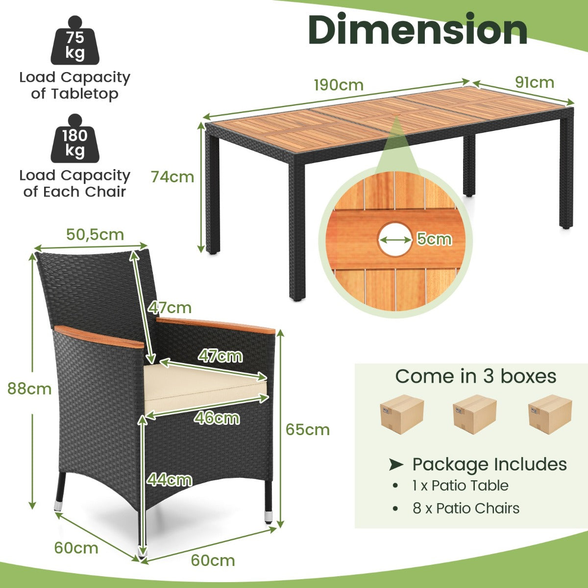 LIVSK Patio Eetset - Hoogwaardig Acaciahout - Luxe Rotan Stoelen - Weerbestendige Kussens - Voor 8 Personen - Bruin & Naturel