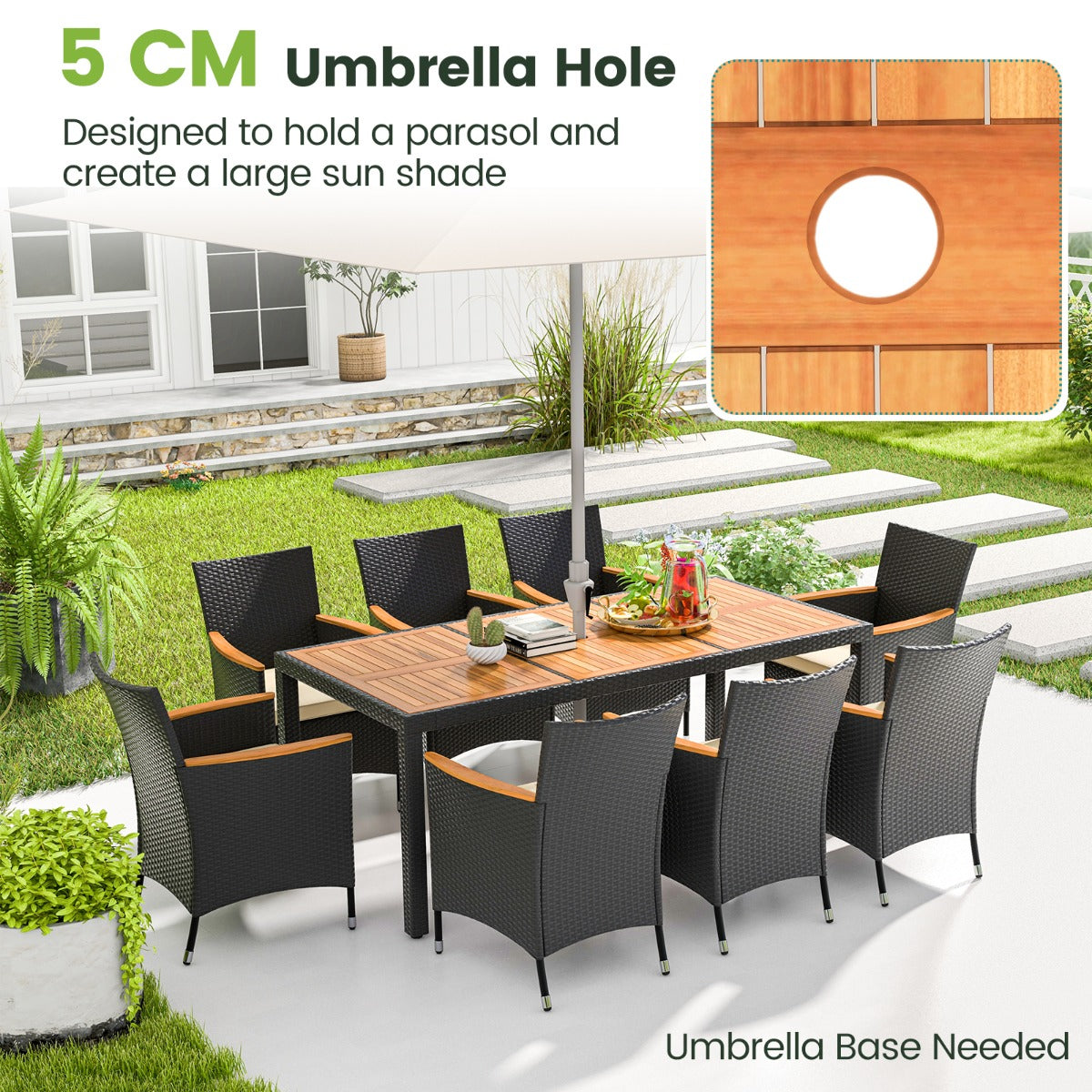 LIVSK Patio Eetset - Hoogwaardig Acaciahout - Luxe Rotan Stoelen - Weerbestendige Kussens - Voor 8 Personen - Bruin & Naturel