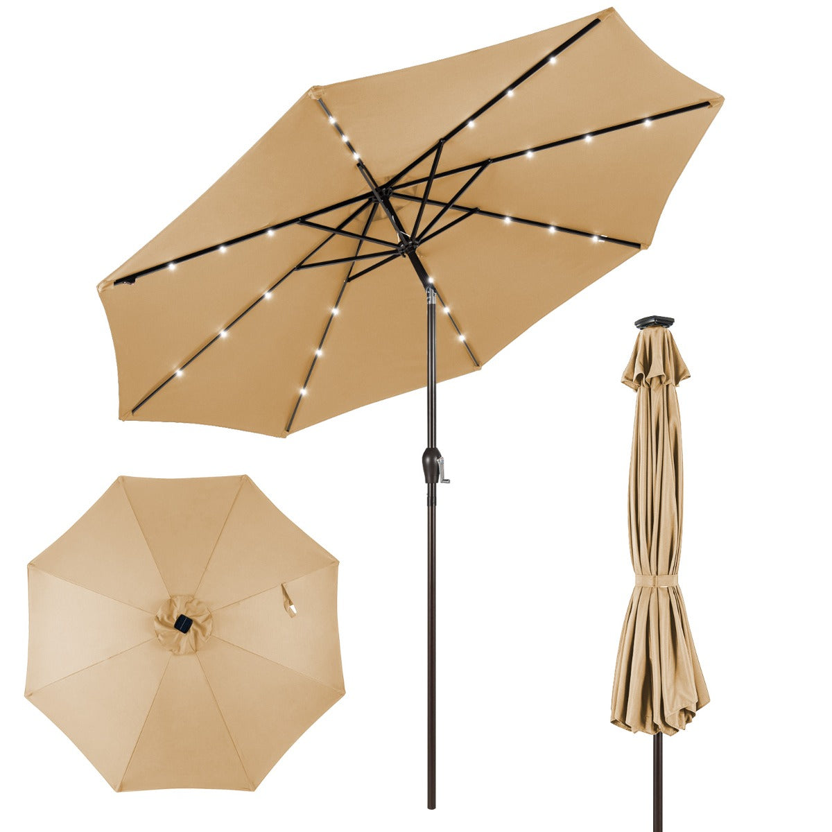 LIVSK Patio Parasol - 3m UV-Bescherming - Zonnepaneel met LED-verlichting - Kantelontwerp - Eenvoudige Montage - Beige