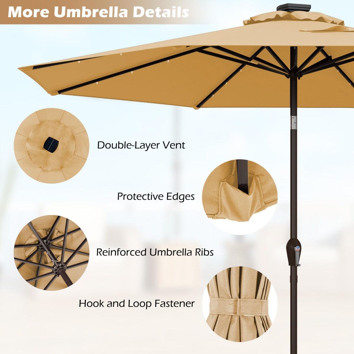 LIVSK Patio Parasol - 3m UV-Bescherming - Zonnepaneel met LED-verlichting - Kantelontwerp - Eenvoudige Montage - Beige