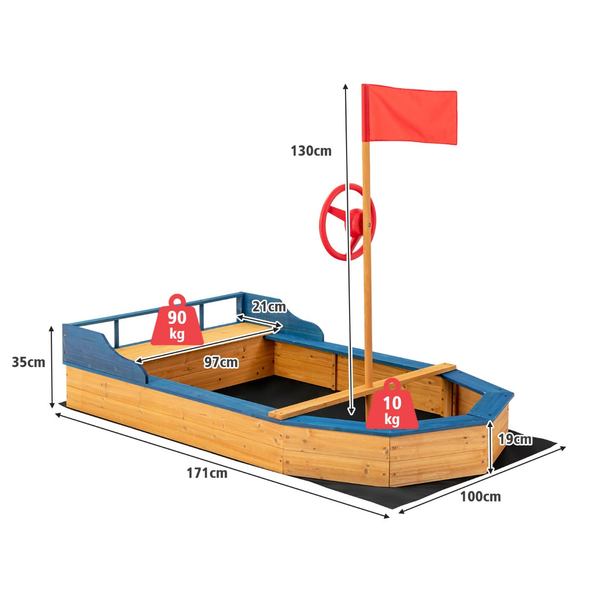 LIVSK Piratenboot Zandbak - Comfortabele Bank - Ruime Opbergruimte - Bodemloze Constructie - Geschikt voor 3-4 Kinderen - Hout