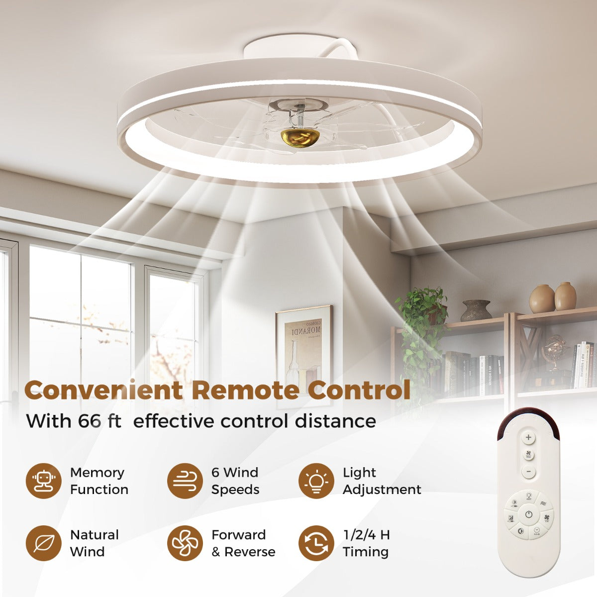 LIVSK Plafondventilator met Licht - Dimbare LED 3000K-6500K - 6 Windsnelheden - Stille DC Motor - Voor Ruimtes tot 20 m² - Wit