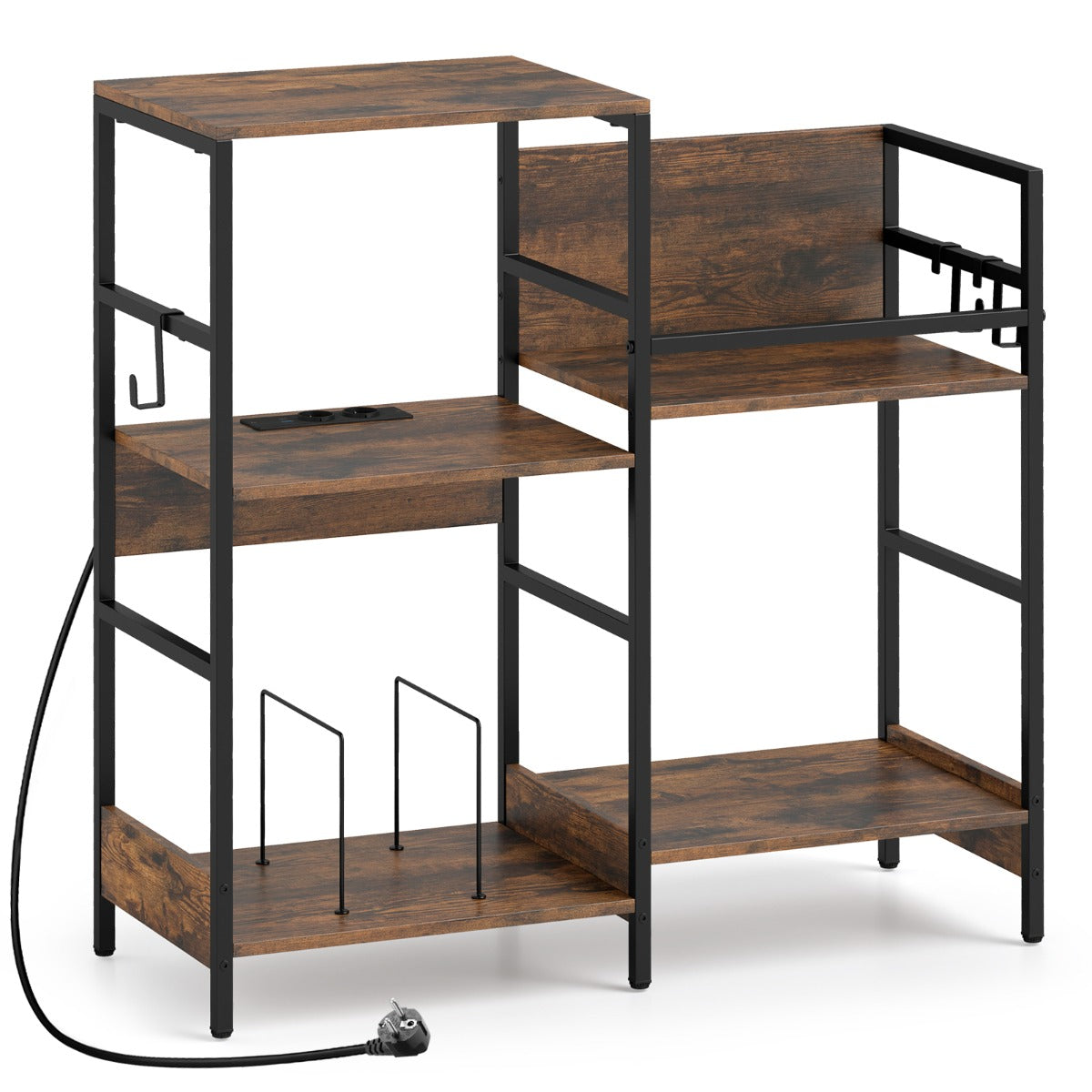 LIVSK Platenkast met Oplaadstation - Vintage Stijl - Metalen Frame - 2 Open Vakken - Tot 106 kg - Bruin