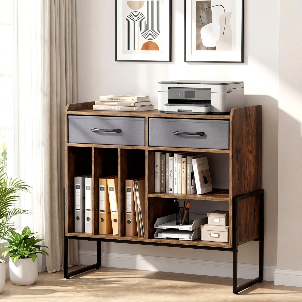 LIVSK Platenspelerstandaard - Vintage Charm - 3 Open Vakken - 2 Stopcontacten - Verstelbare Planken - Bruin