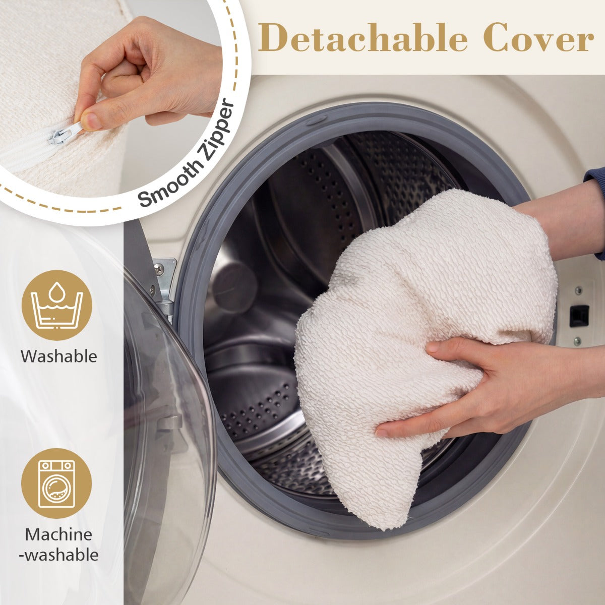 LIVSK Poef Ottoman - Huidvriendelijke Lusgaren - Hoge Dichtheid Schuim - Afneembare Hoes - 45 x 45 x 35 cm - Beige