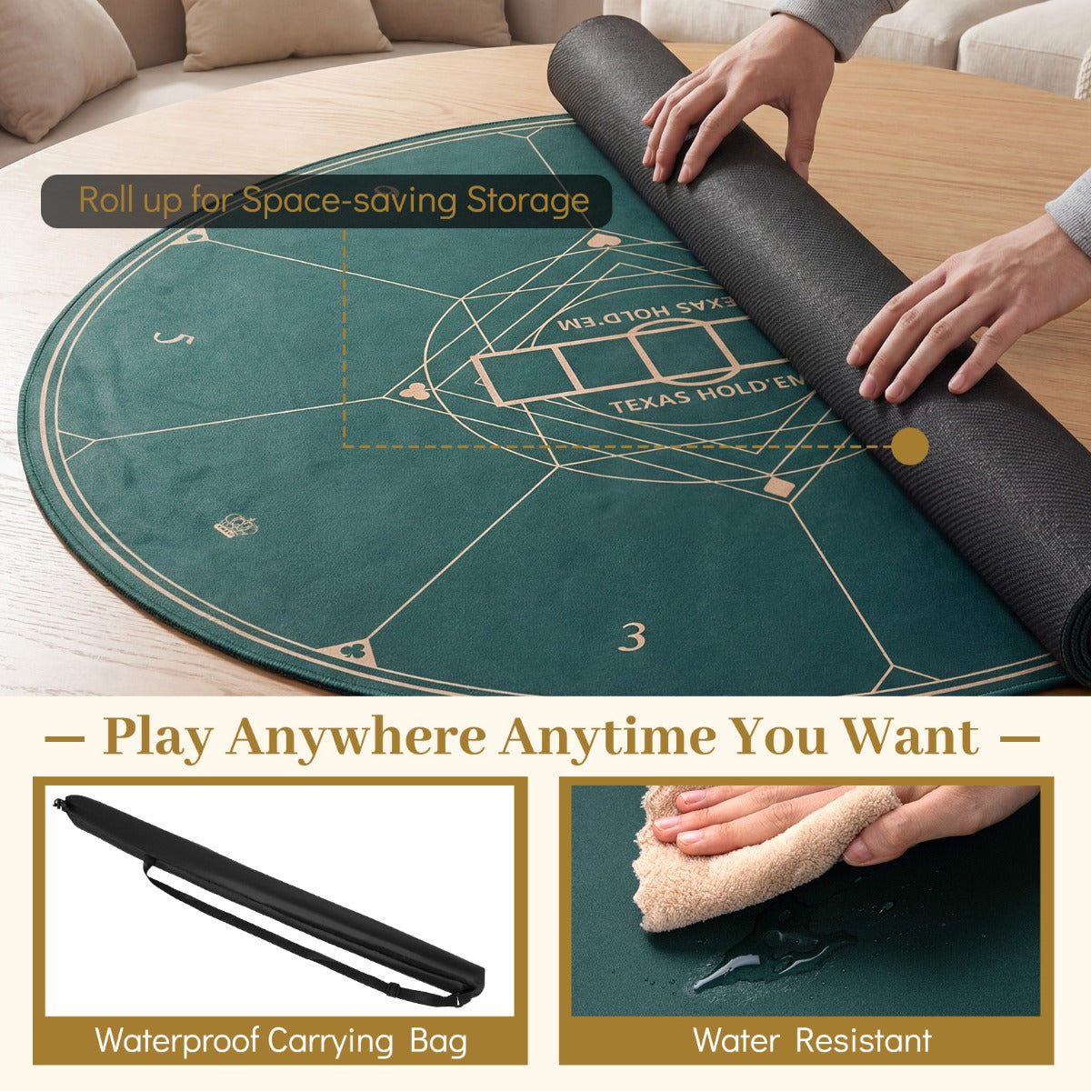 LIVSK Pokermat voor 8 Personen - Antislip Rubber Onderkant - Opvouwbaar & Draagbaar - Hoge Dichtheid Stof - Groen