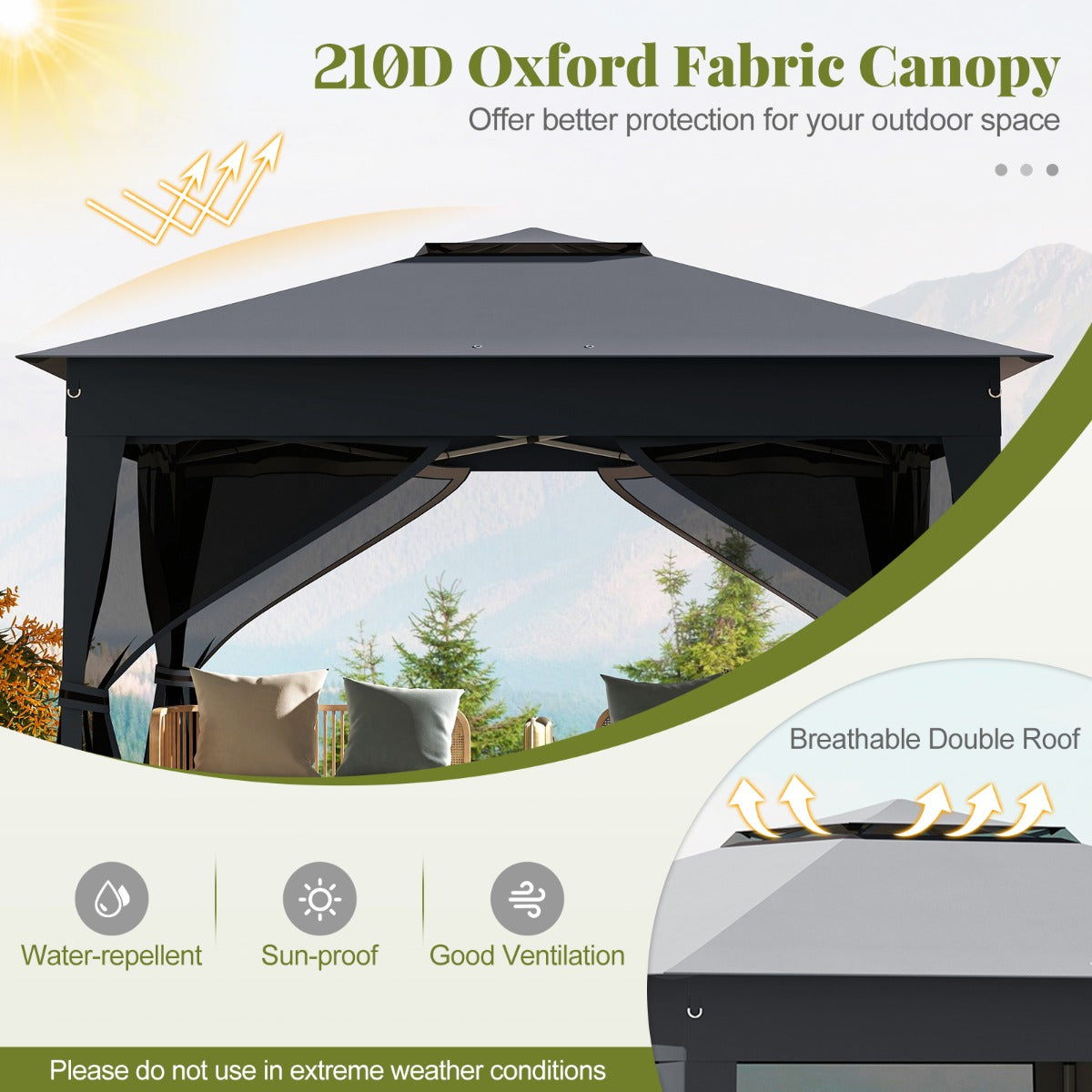 LIVSK Pop-up Partytent - Eenvoudig op te zetten - Gaaswanden - Stevig Metalen Frame - 337 x 337 x 260 cm - Grijs