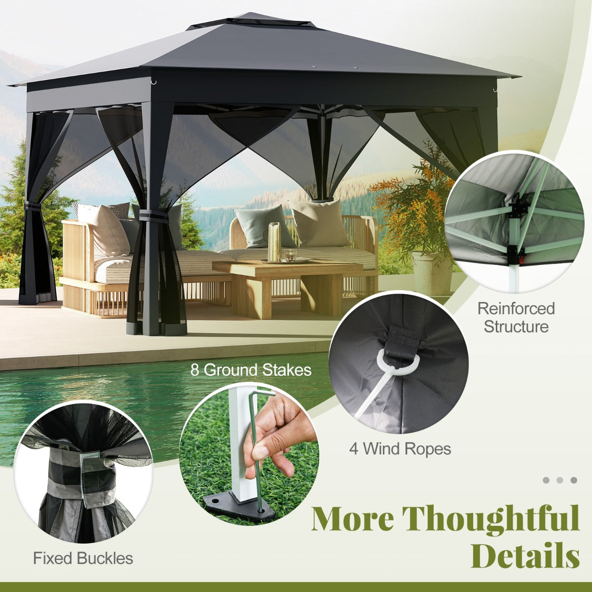 LIVSK Pop-up Partytent - Eenvoudig op te zetten - Gaaswanden - Stevig Metalen Frame - 337 x 337 x 260 cm - Grijs