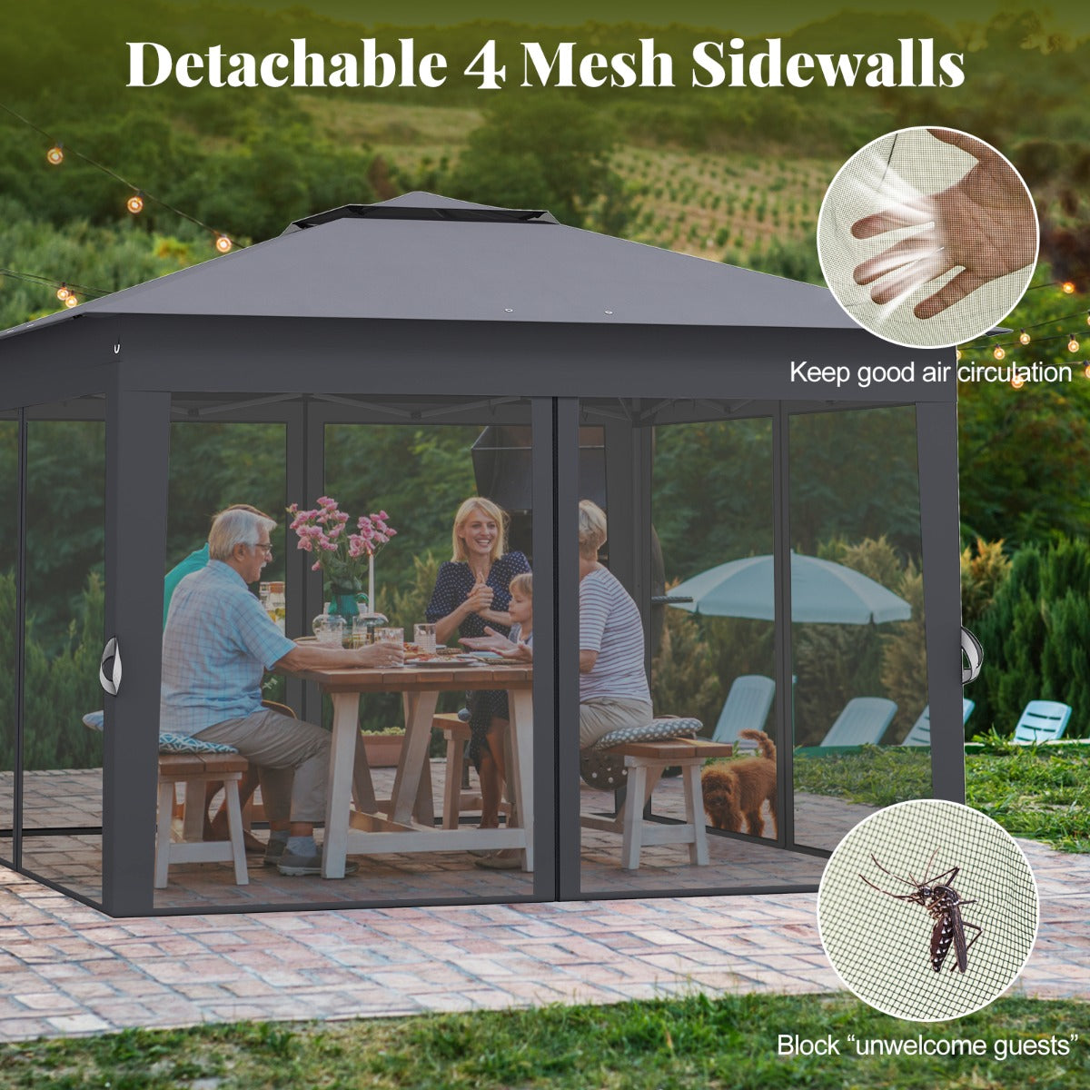 LIVSK Pop-up Partytent - Eenvoudig op te zetten - Gaaswanden - Stevig Metalen Frame - 337 x 337 x 260 cm - Grijs