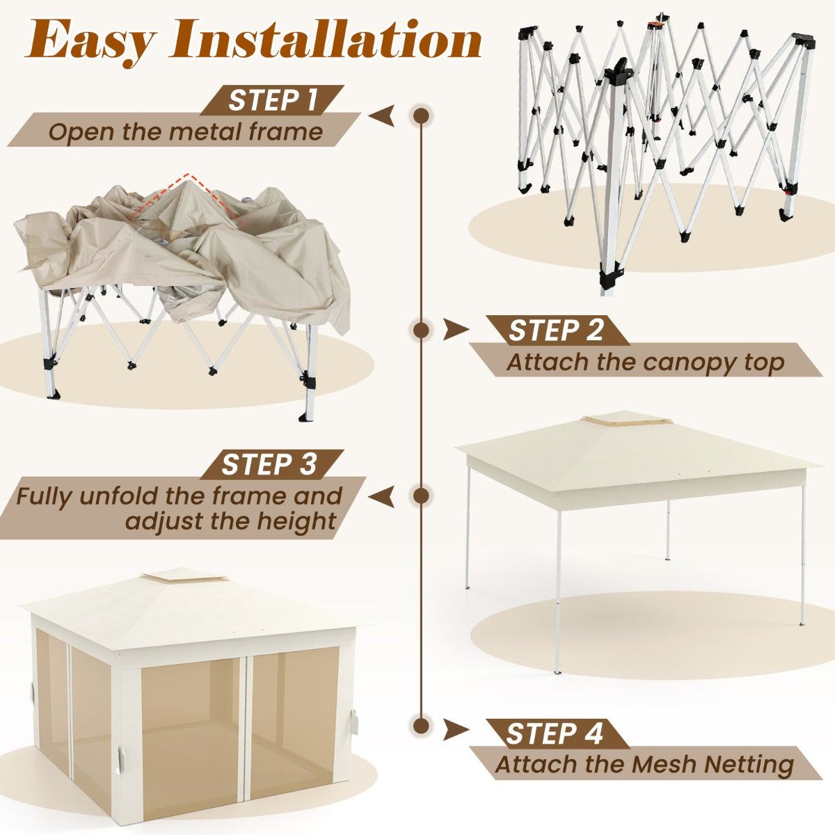 LIVSK Pop-up Partytent - Eenvoudige Installatie - Gaaswanden - Ruime Schaduw 337 x 337 cm - Robuuste Constructie - Beige