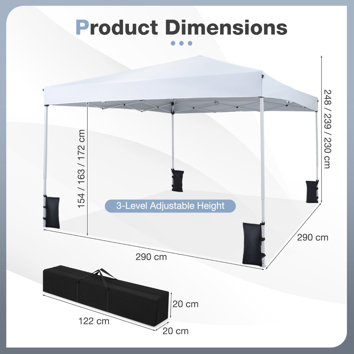 LIVSK Pop-up Partytent - Snelle Opbouw - Verstelbare Hoogte - Waterafstotend - Stabiel Koolstofstaal - Grijs/Zwart/Wit