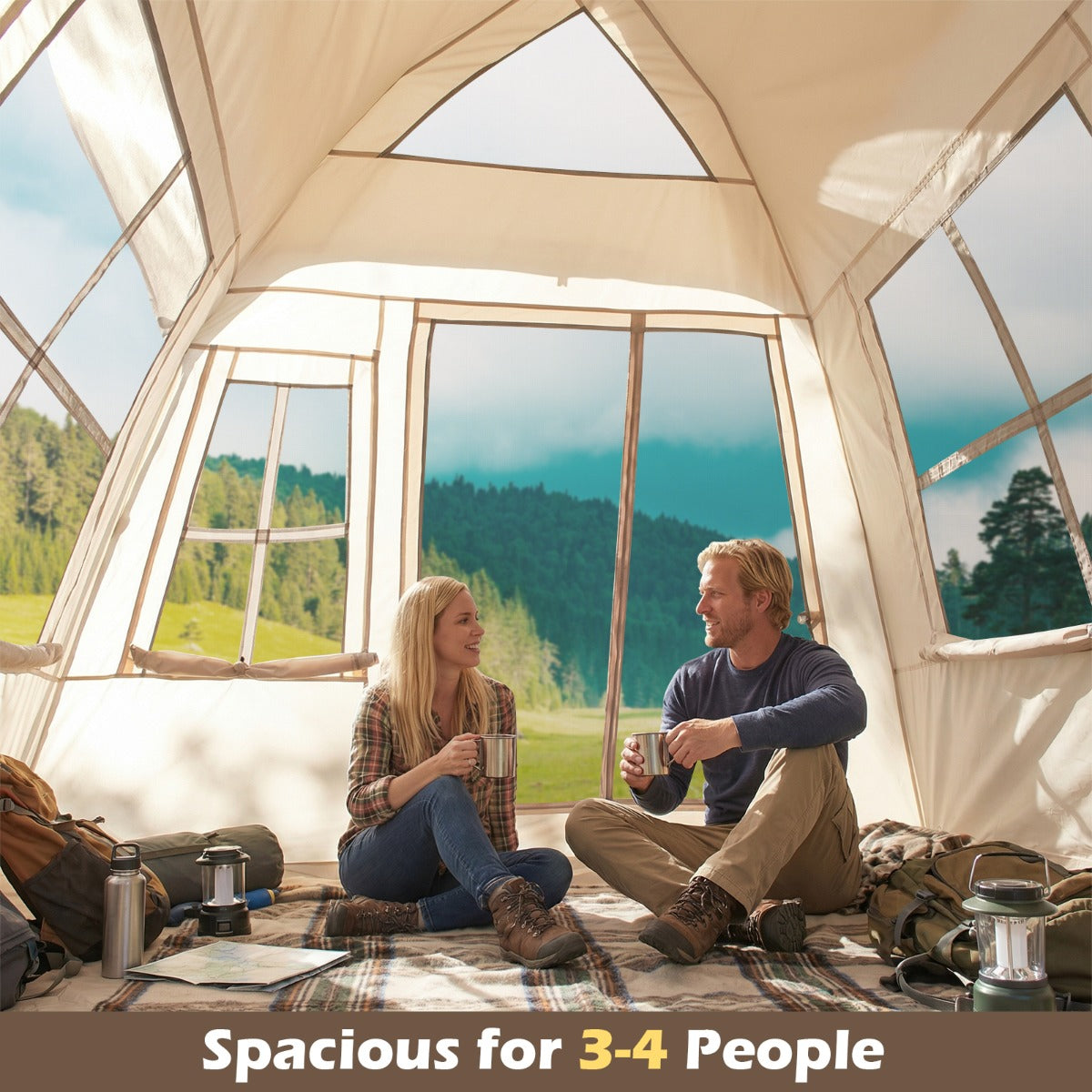 LIVSK Pop-up Tent voor 4 Personen - Waterdicht - Snelle Opbouw - Gaasramen en Deuren - Gemakkelijk Op te Bergen - Beige