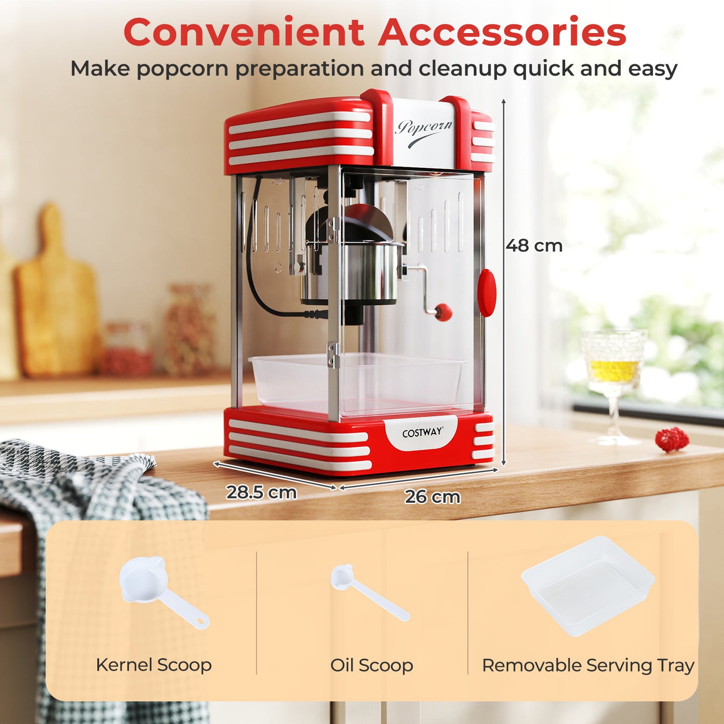 LIVSK Popcornmachine - Retro Design - Warmhoudlamp - Roestvrijstalen Bak - 100 g Capaciteit - Rood en Wit
