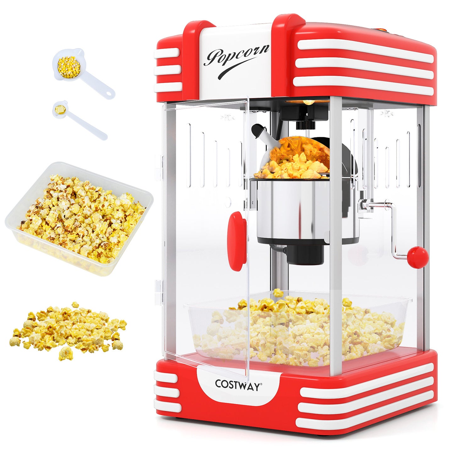 LIVSK Popcornmachine - Retro Design - Warmhoudlamp - Roestvrijstalen Bak - Capaciteit 100 g - Rood/Wit