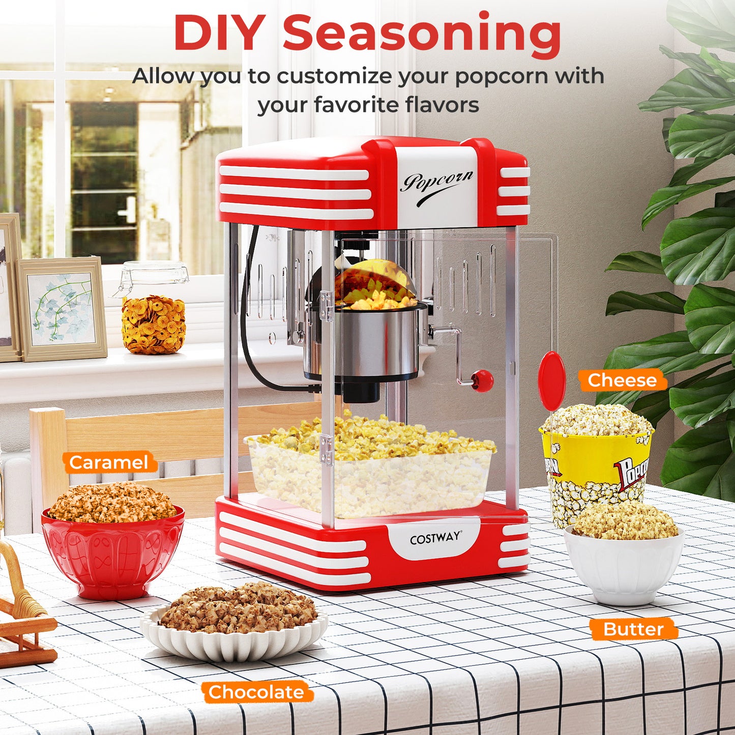 LIVSK Popcornmachine - Retro Design - Warmhoudlamp - Roestvrijstalen Bak - Capaciteit 100 g - Rood/Wit