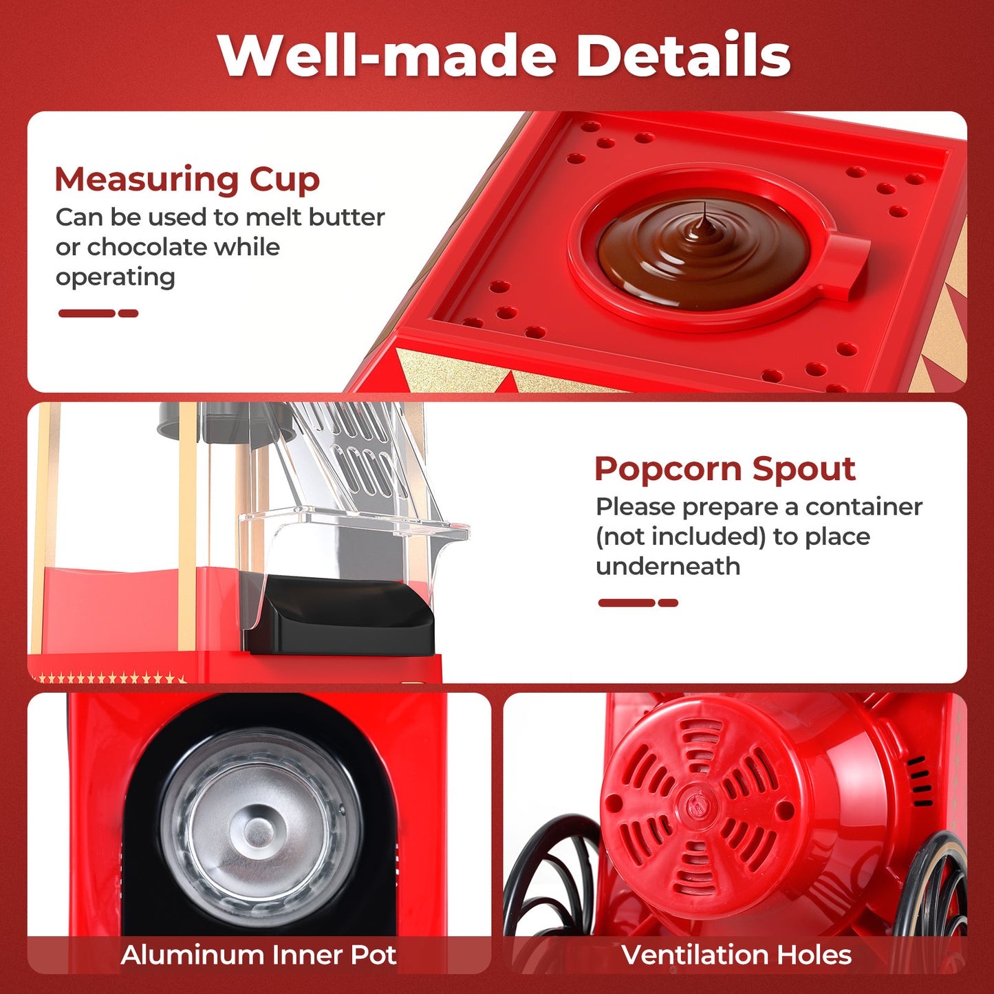 LIVSK Retro Popcornmachine - Heteluchttechnologie - Gezond & Snel - Eenvoudig te Reinigen - Rood