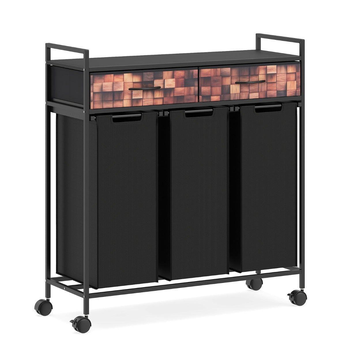 LIVSK Rolbare Wasmand - Drie Compartimenten - Afneembare Oxford-Zakken - Metalen Frame - Zwart + Rustiek Bruin