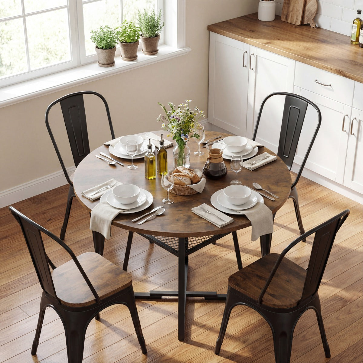 LIVSK Ronde Eettafel - Voor 4-6 Personen - Open Opbergruimte - X-Vormig Metaalframe - Rustiek Bruin & Zwart