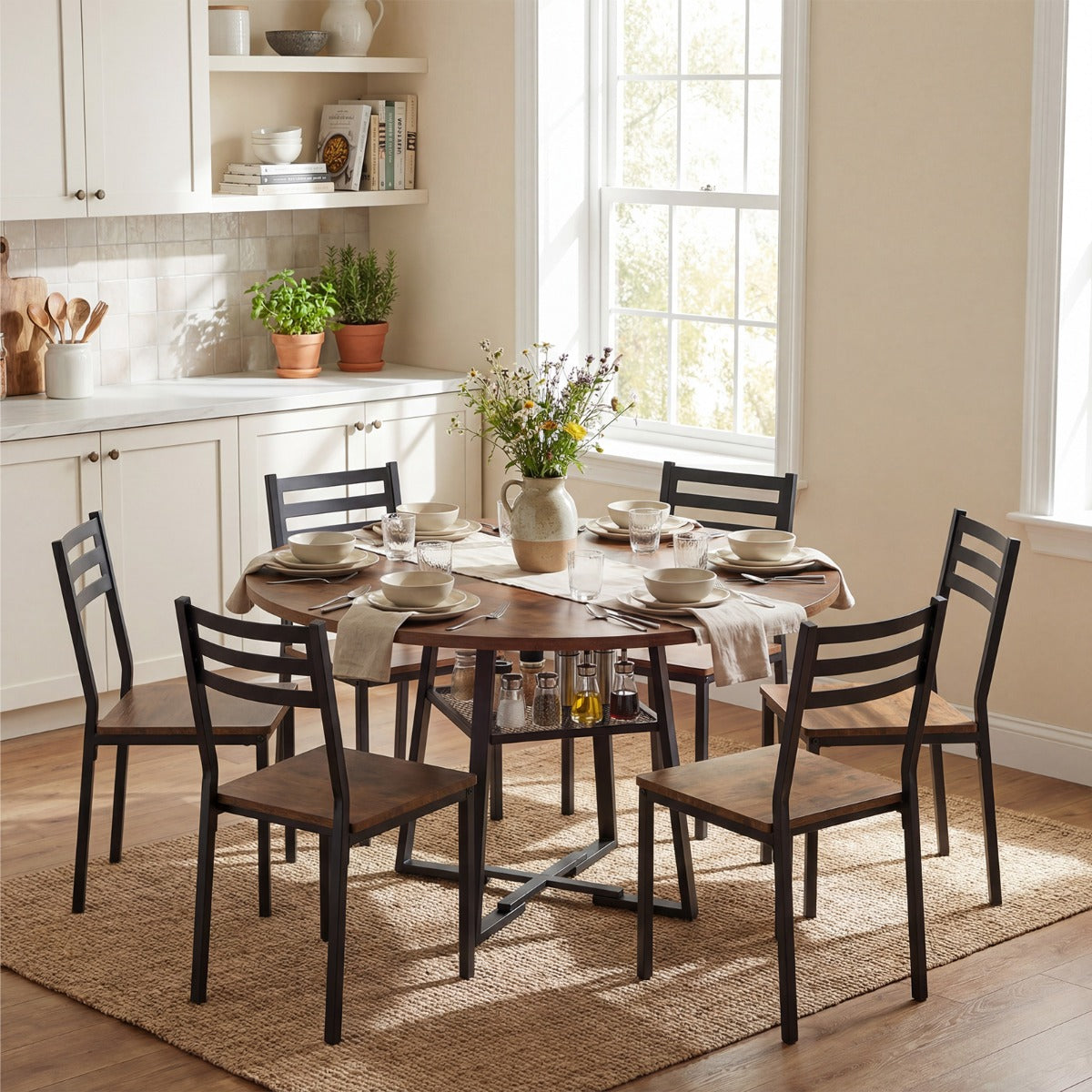 LIVSK Ronde Eettafel - Voor 4-6 Personen - Open Opbergruimte - X-Vormig Metaalframe - Rustiek Bruin & Zwart