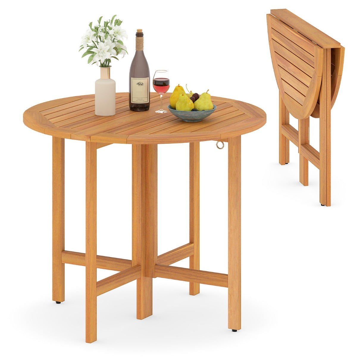 LIVSK Ronde Opvouwbare Tuintafel - Acaciahout - Voor 4 Personen - Inklapbaar Ontwerp - Teak