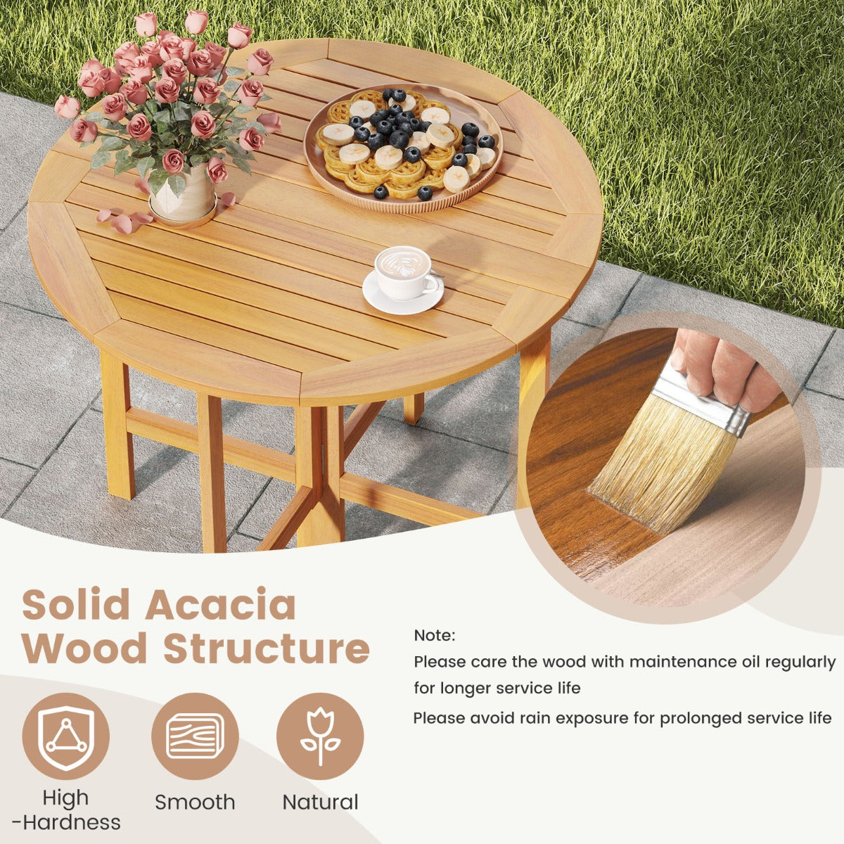 LIVSK Ronde Opvouwbare Tuintafel - Acaciahout - Voor 4 Personen - Inklapbaar Ontwerp - Teak