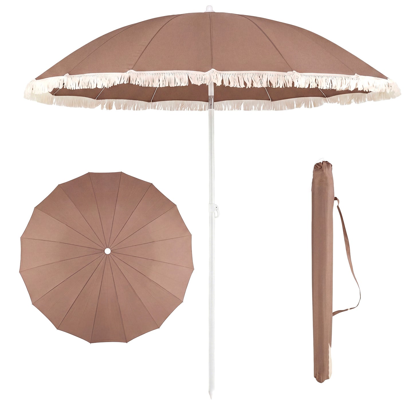 LIVSK Ronde Parasol - Verstelbare Kantelhoek - Hoogwaardig Polyester - Robuuste Metalen Spaken - Boho-Franjes - Beige/Bruin
