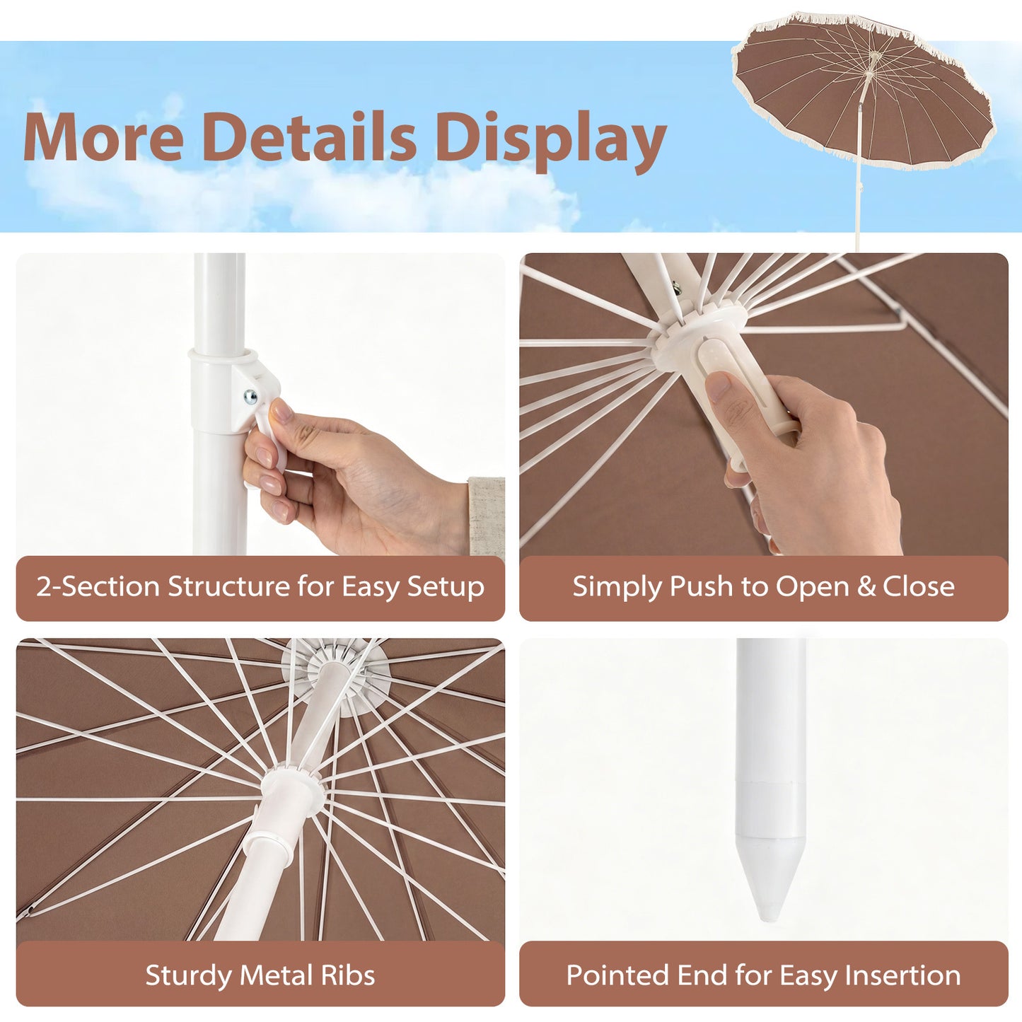 LIVSK Ronde Parasol - Verstelbare Kantelhoek - Hoogwaardig Polyester - Robuuste Metalen Spaken - Boho-Franjes - Beige/Bruin