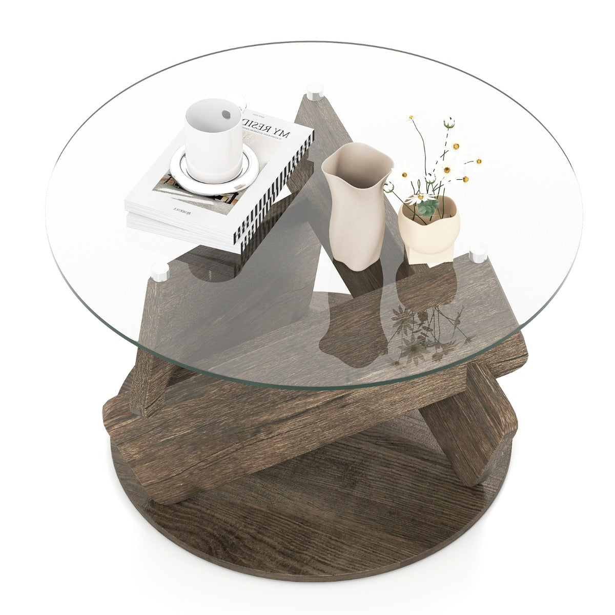 LIVSK Ronde Rustieke Salontafel - Gehard Glas - Rubberboom en MDF - Antislip Voetmatten - Ø 81 x 49 cm - Grijs