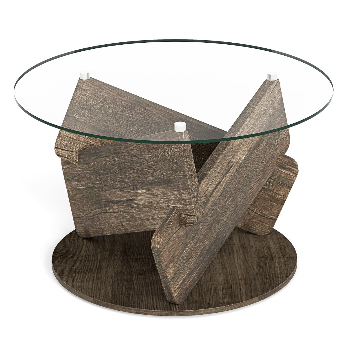 LIVSK Ronde Rustieke Salontafel - Gehard Glas - Rubberboom en MDF - Antislip Voetmatten - Ø 81 x 49 cm - Grijs