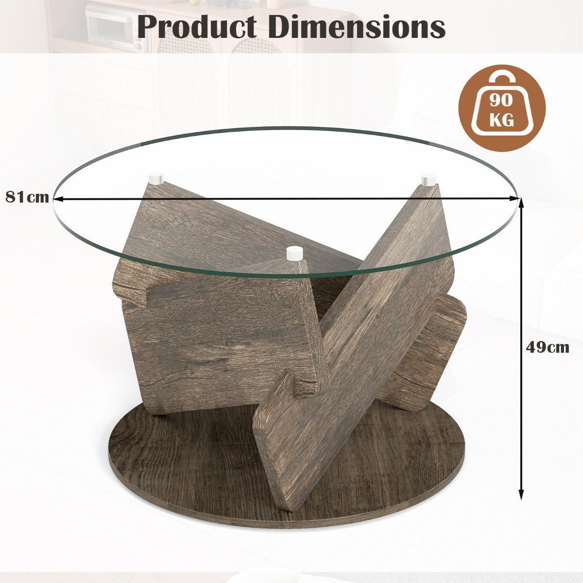 LIVSK Ronde Rustieke Salontafel - Gehard Glas - Rubberboom en MDF - Antislip Voetmatten - Ø 81 x 49 cm - Grijs