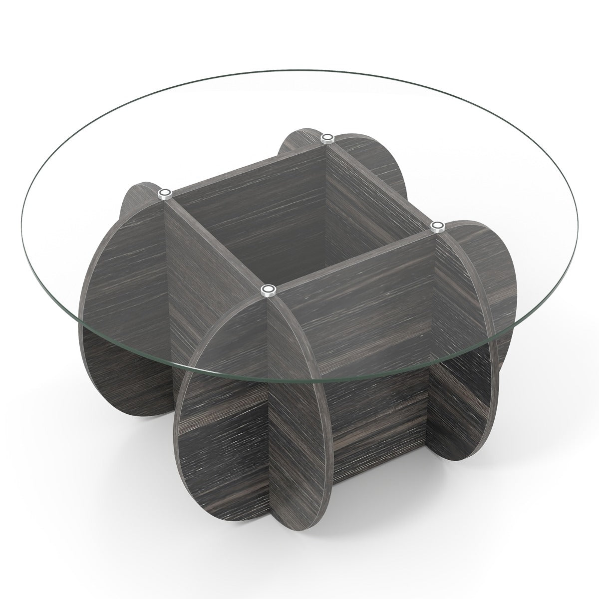 LIVSK Ronde Salontafel - Gehard Glasblad - Houten Frame - Verborgen Opbergruimte - Ø89 cm - Zwart