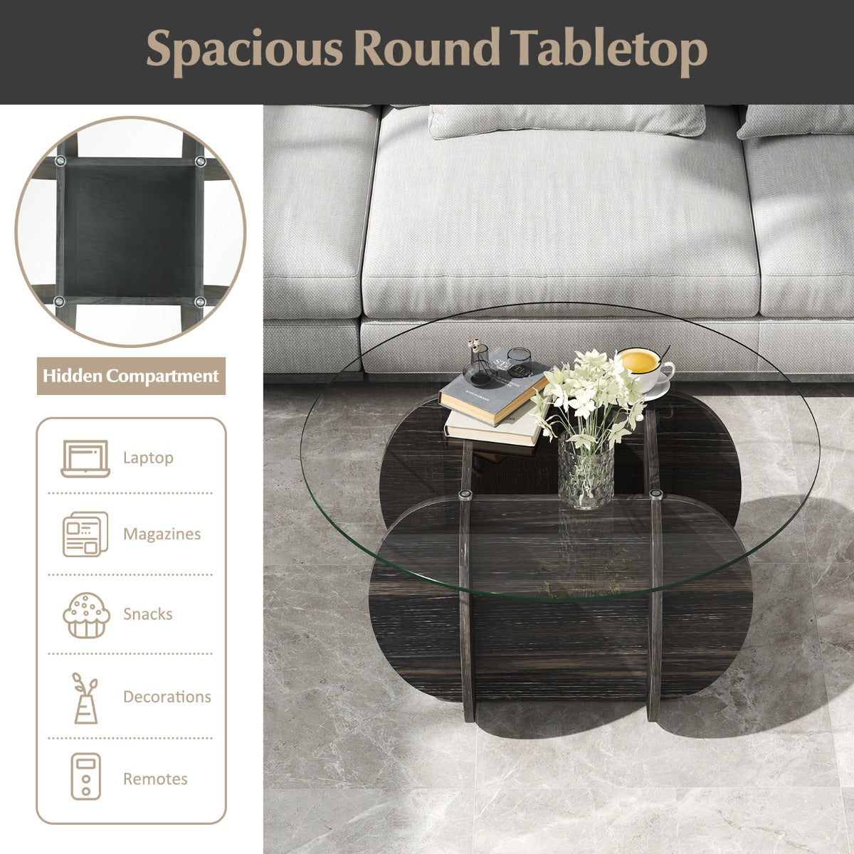 LIVSK Ronde Salontafel - Gehard Glasblad - Houten Frame - Verborgen Opbergruimte - Ø89 cm - Zwart