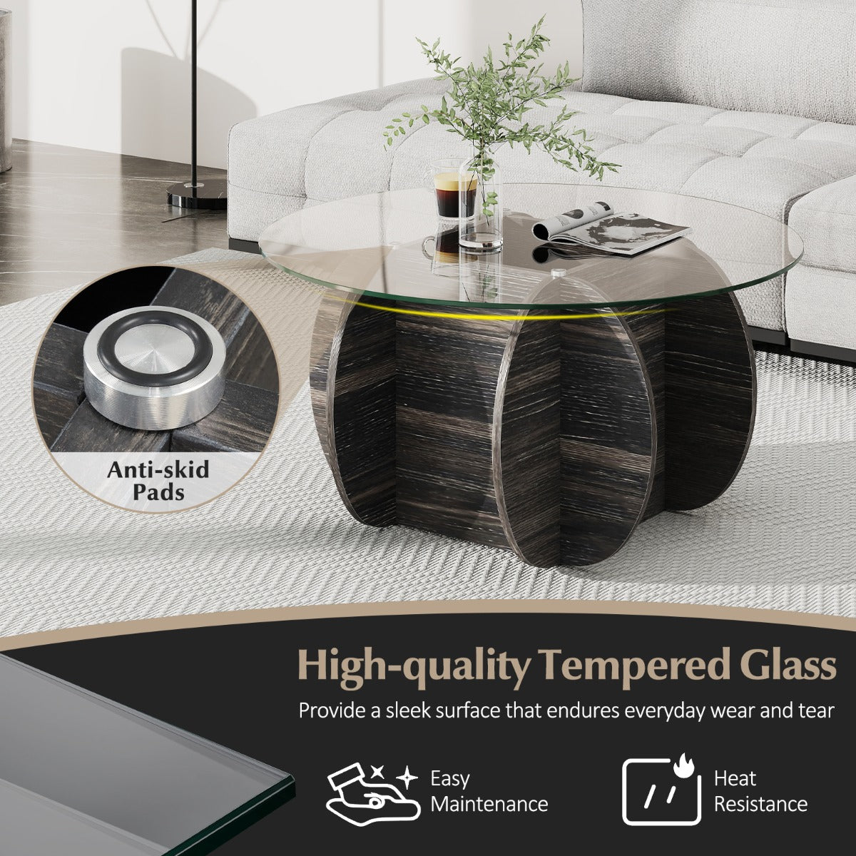 LIVSK Ronde Salontafel - Gehard Glasblad - Houten Frame - Verborgen Opbergruimte - Ø89 cm - Zwart