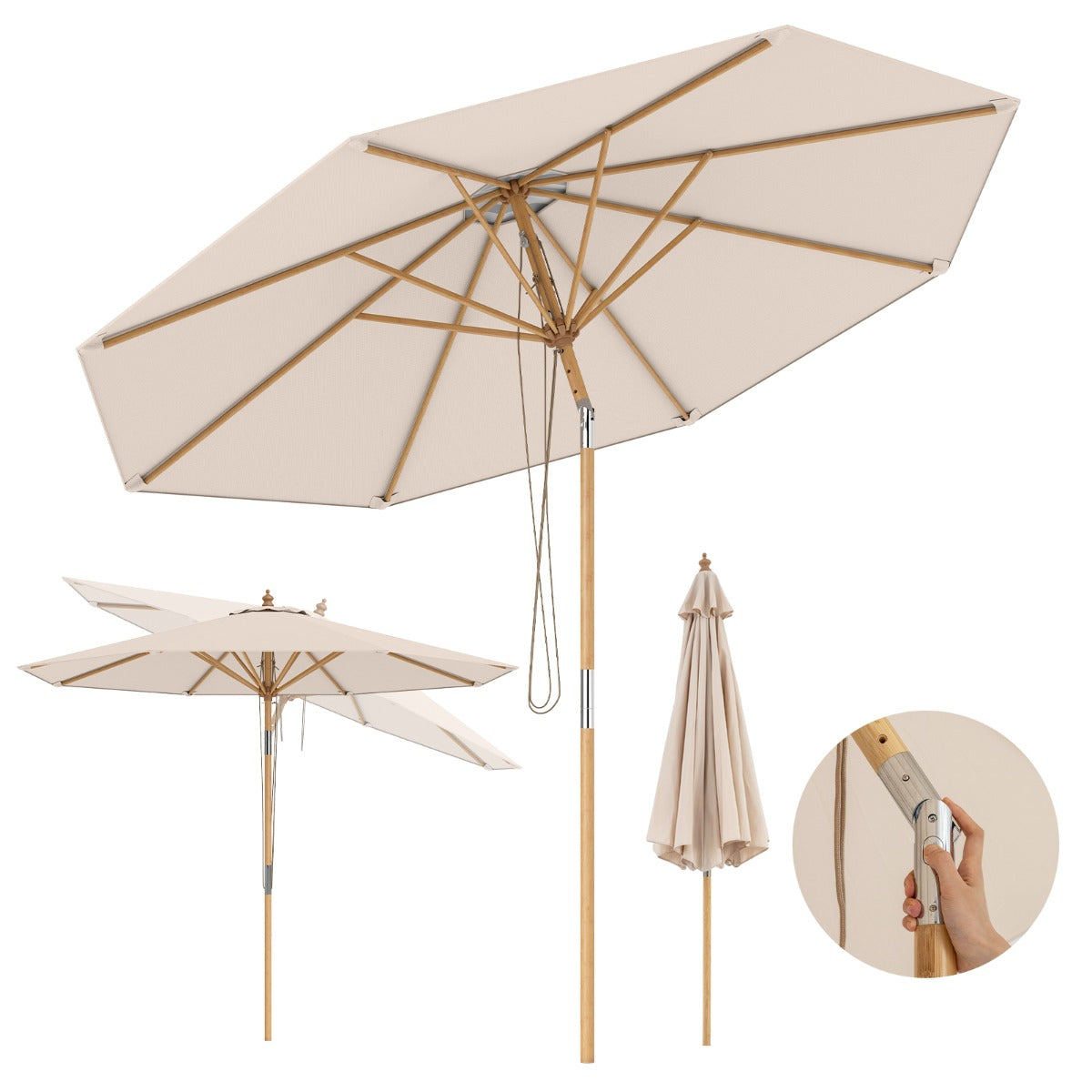 LIVSK Ronde Terrasparasol - Kantelmechanisme - Bamboe Constructie - Verstelbare Hoogte - Polyester - Beige/Bruin