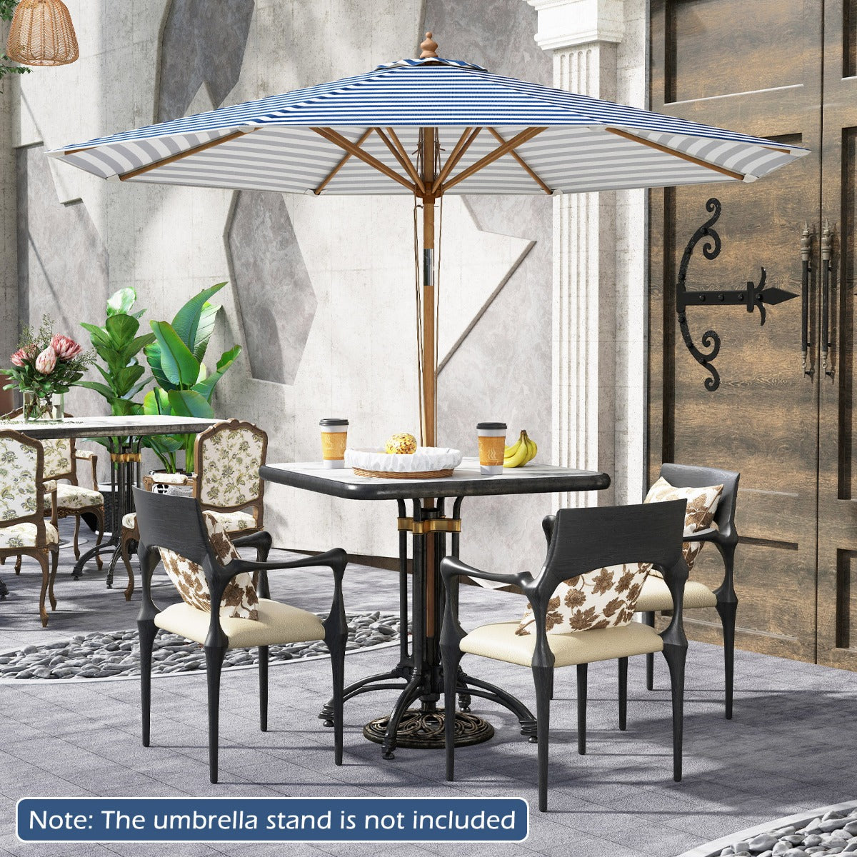 LIVSK Ronde Terrasparasol - Kantelsysteem - Bamboe Constructie - Verstelbare Hoogte - 280 cm - Beige/Bruin/Strepen