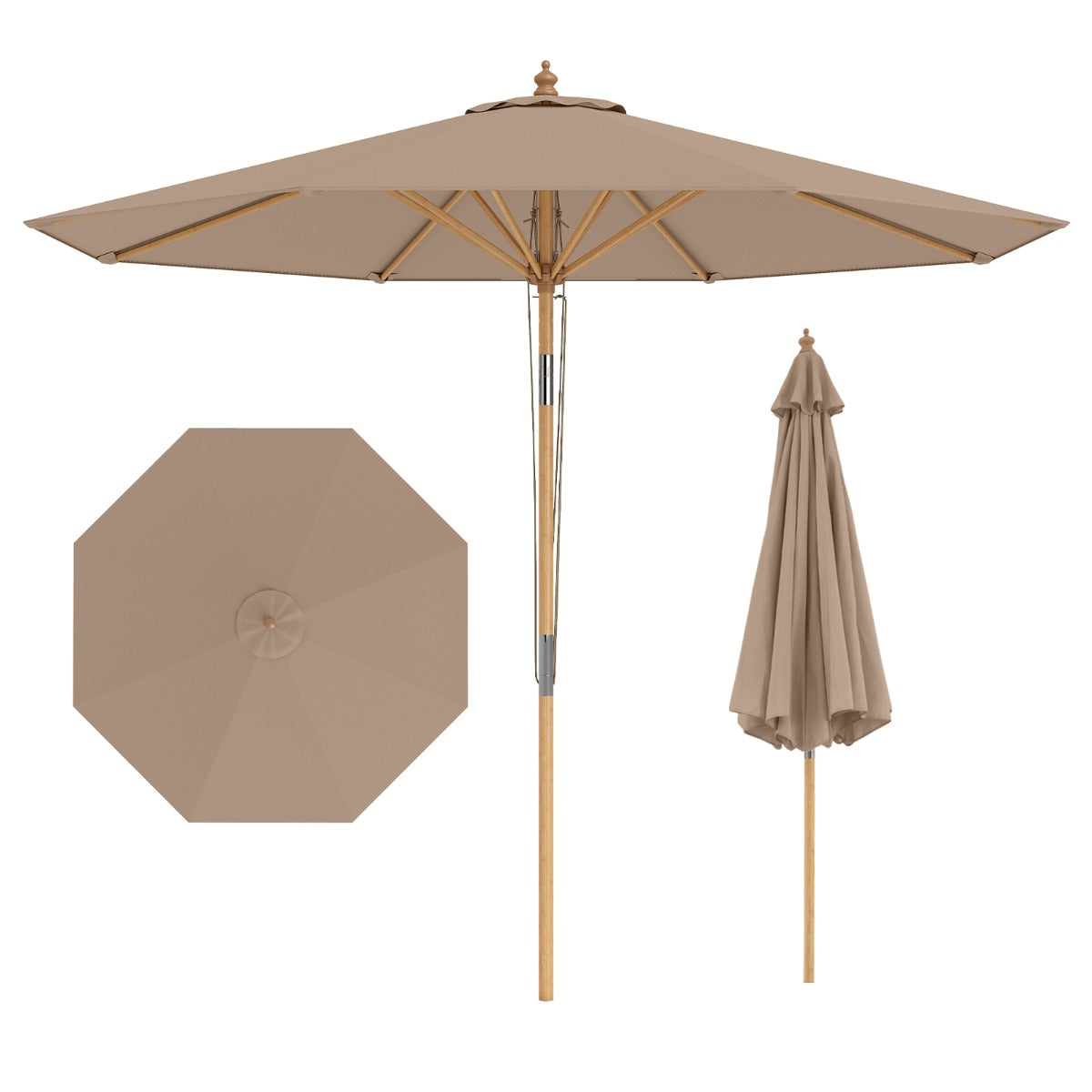 LIVSK Ronde Terrasparasol - Kantelsysteem - Bamboe Constructie - Verstelbare Hoogte - Slijtvaste Polyester - Beige/Bruin