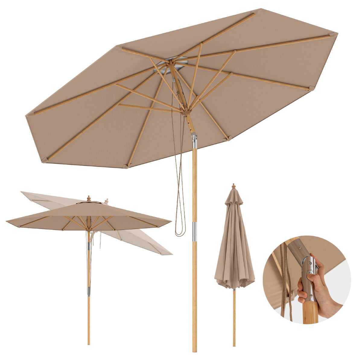 LIVSK Ronde Terrasparasol - Kantelsysteem - Bamboe Constructie - Verstelbare Hoogte - Slijtvaste Polyester - Beige/Bruin