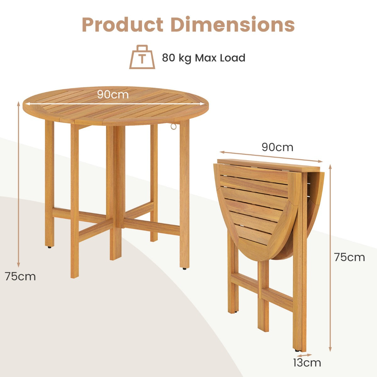 LIVSK Ronde Tuintafel Set - Inklapbaar Ontwerp - Massief Acaciahout - Inclusief 4 Tuinbanken - Naturel