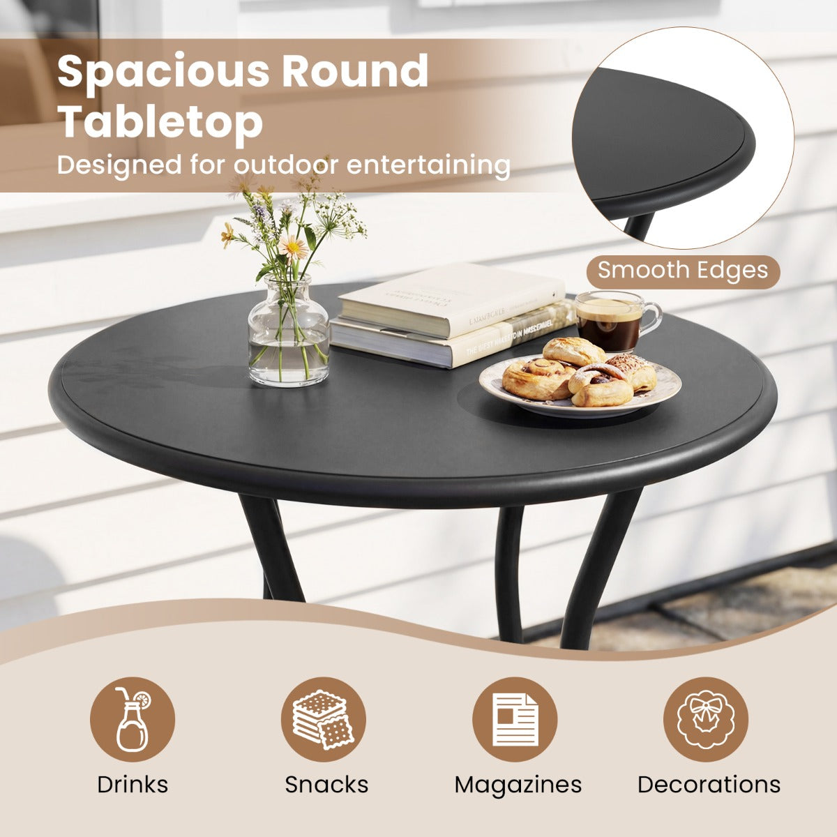 LIVSK Ronde Tuintafel - Stevig Metalen Frame - Tot 50 kg Draagvermogen - Eenvoudige Montage - 55,5 cm - Zwart
