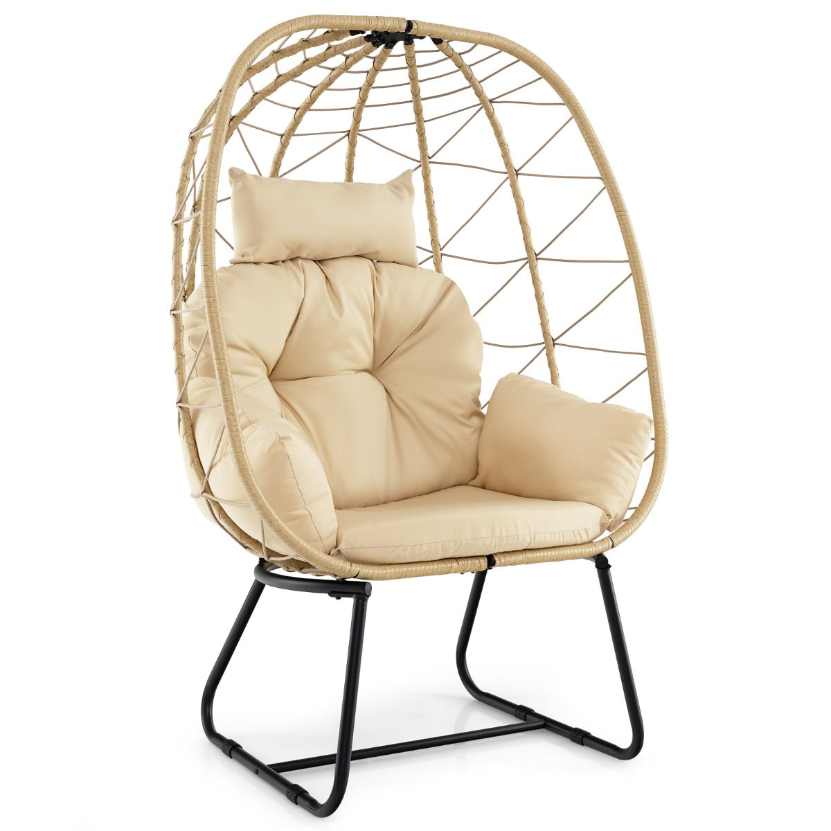 LIVSK Rotan Eierstoel - Comfortabel Afneembaar Kussen - Handgeweven PE-Rotan - Stevig Metalen Frame - Beige