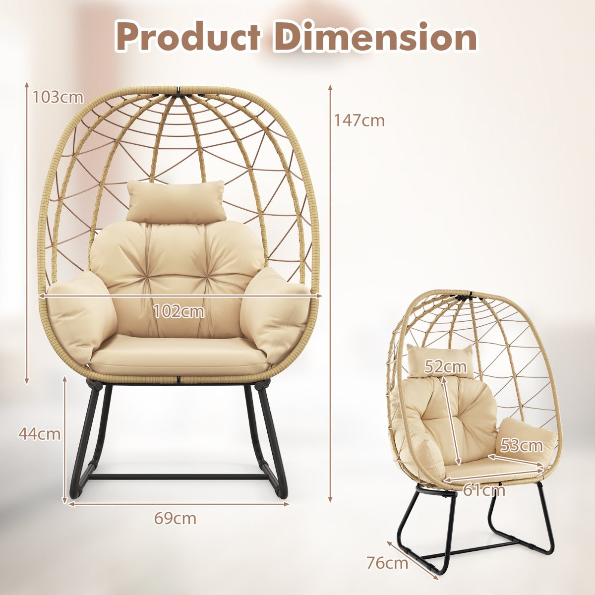 LIVSK Rotan Eierstoel - Comfortabel Afneembaar Kussen - Handgeweven PE-Rotan - Stevig Metalen Frame - Beige
