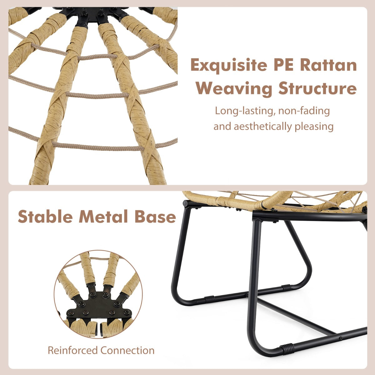 LIVSK Rotan Eierstoel - Comfortabel Afneembaar Kussen - Handgeweven PE-Rotan - Stevig Metalen Frame - Beige