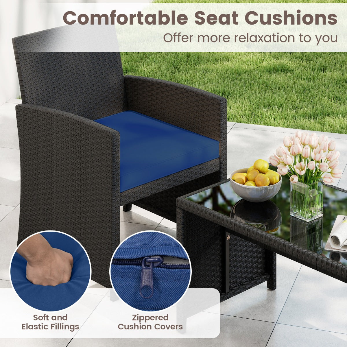 LIVSK Rotan Tuinset - Elegant Design - Comfortabele Kussens - Robuust Metalen Frame - Inclusief Salontafel - Zwart