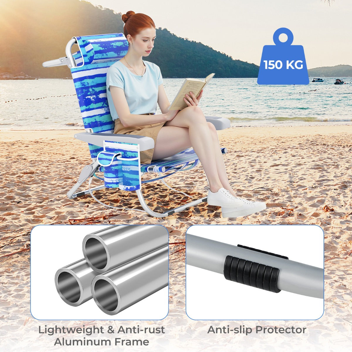 LIVSK Rugzak-Strandstoel - Verstelbare Rugleuning - Opvouwbaar & Draagbaar - Robuust Aluminium - Tot 150 kg - Blauw