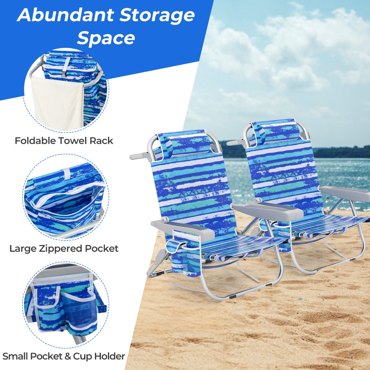 LIVSK Rugzak-Strandstoel - Verstelbare Rugleuning - Opvouwbaar & Draagbaar - Robuust Aluminium - Tot 150 kg - Blauw