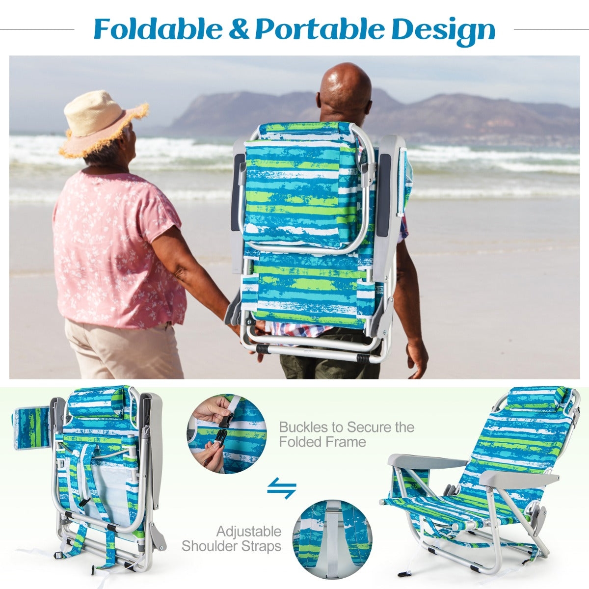 LIVSK Rugzak-Strandstoel - Verstelbare Rugleuning - Opvouwbaar en Draagbaar - Robuuste Oxford-stof - Blauw/Groen