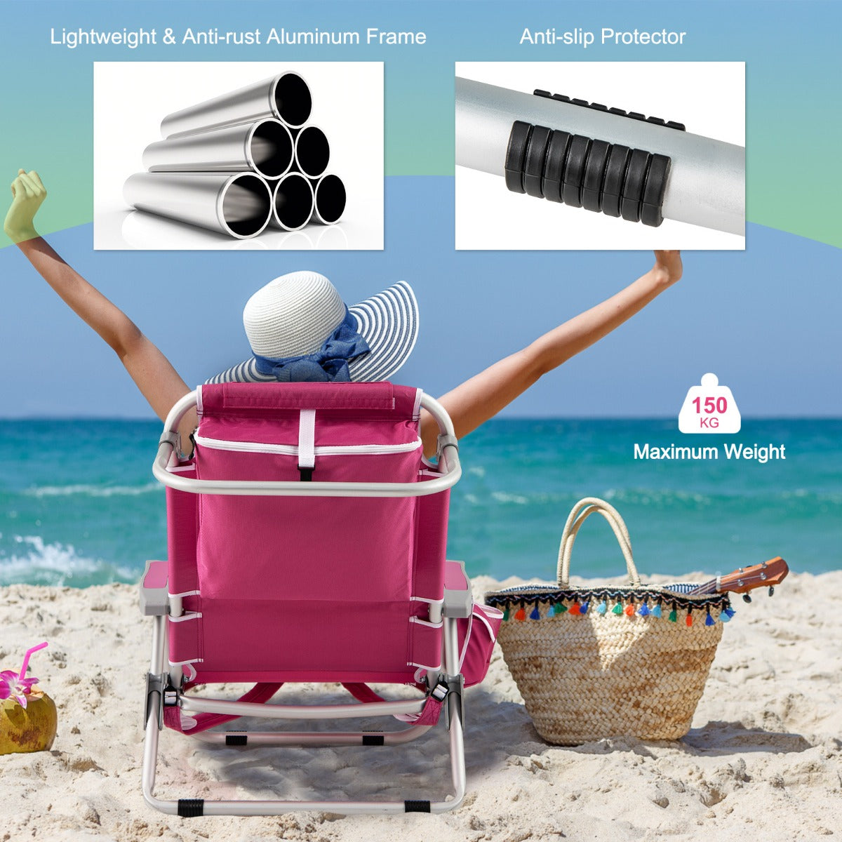 LIVSK Rugzak-Strandstoel - Verstelbare Rugleuning - Opvouwbaar Ontwerp - Gevoerde Hoofdsteun - 150 kg - Aluminium, Roze