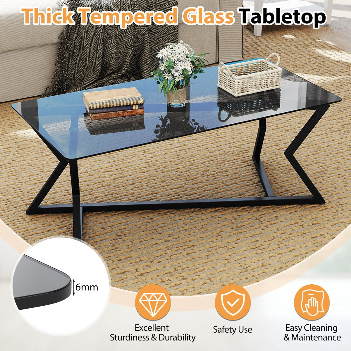 LIVSK Salontafel - Gehard Glazen Blad - Geometrisch Metalen Frame - Verstelbare Voetjes - 110 x 55 x 44,5 cm - Grijs en Zwart