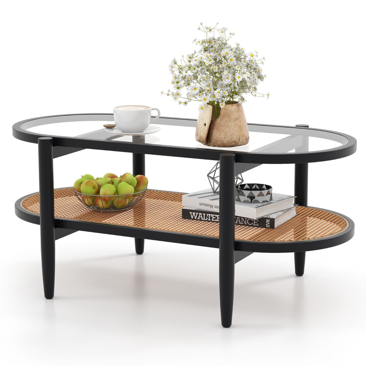 LIVSK Salontafel - Houten Frame - Gehard Glas Tafelblad - Ruime Opbergruimte - Eenvoudige Montage - Zwart + Naturel
